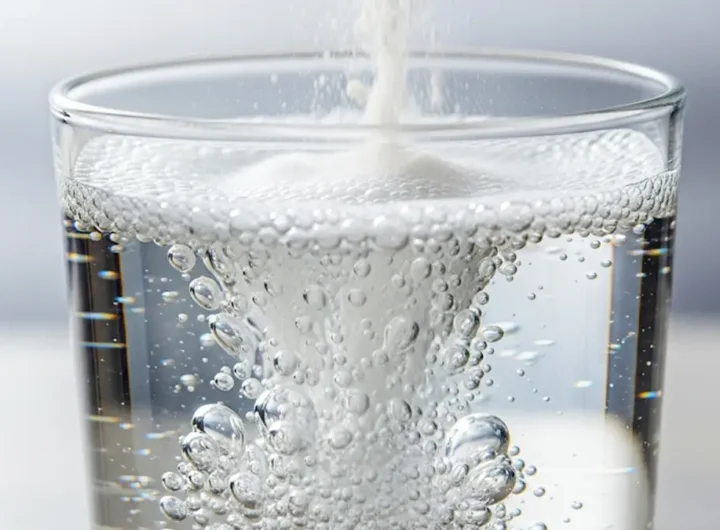 Un bicchiere di acqua in cui si sta sciogliendo la polvere effervescente di Magnesio Supremo