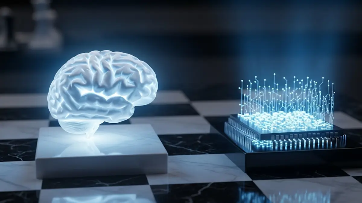 Un cervello umano luminoso e un microchip con circuiti brillanti sono posizionati come pezzi degli scacchi su una scacchiera di marmo