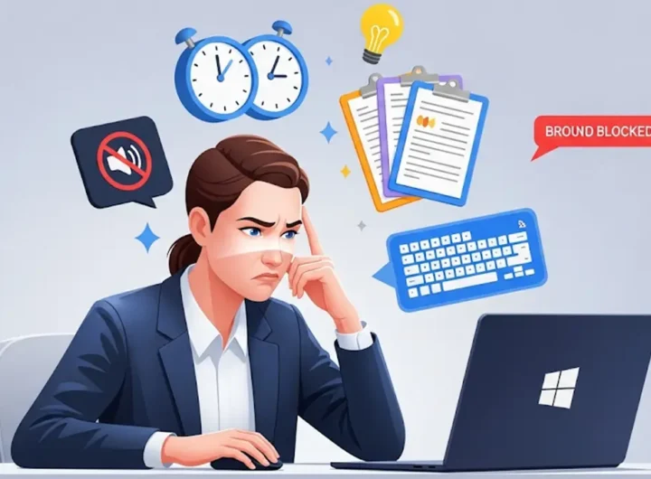 Un professionista è seduto a una scrivania minimalista con un laptop