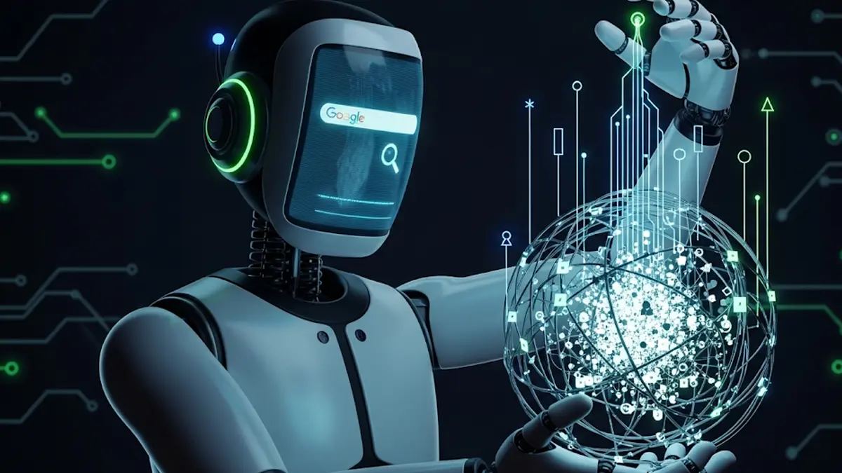 Un robot con un interfaccia di ricerca di Google sul suo schermo