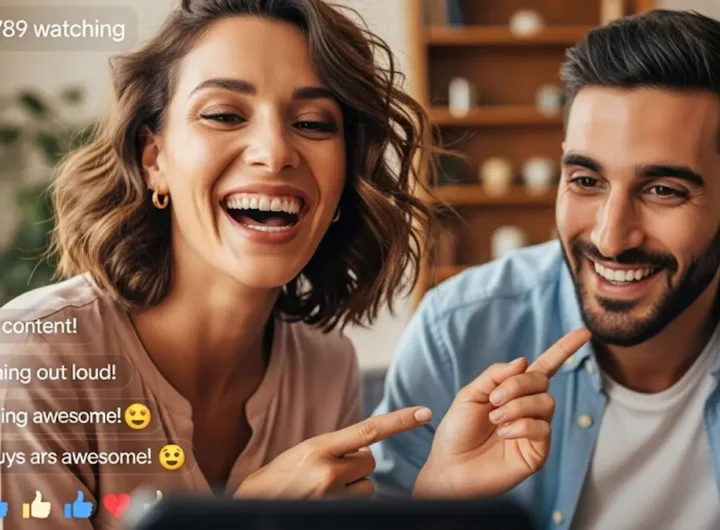 Una foto che mostri due persone sorridenti e dinamiche che interagiscono davanti a uno smartphone o una fotocamera