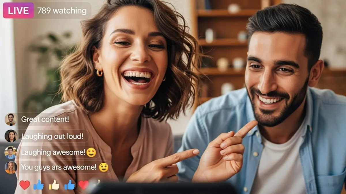Una foto che mostri due persone sorridenti e dinamiche che interagiscono davanti a uno smartphone o una fotocamera