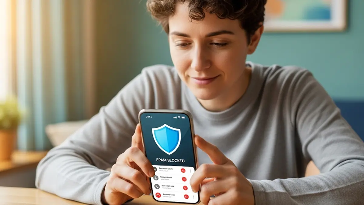 Una persona infastidita guarda lo schermo del suo smartphone mentre riceve una chiamata da un numero sconosciuto
