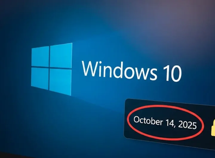 Una schermata del desktop di Windows 10 con un icona di un calendario che segna la data del 14 ottobre 2025 e un simbolo di avviso