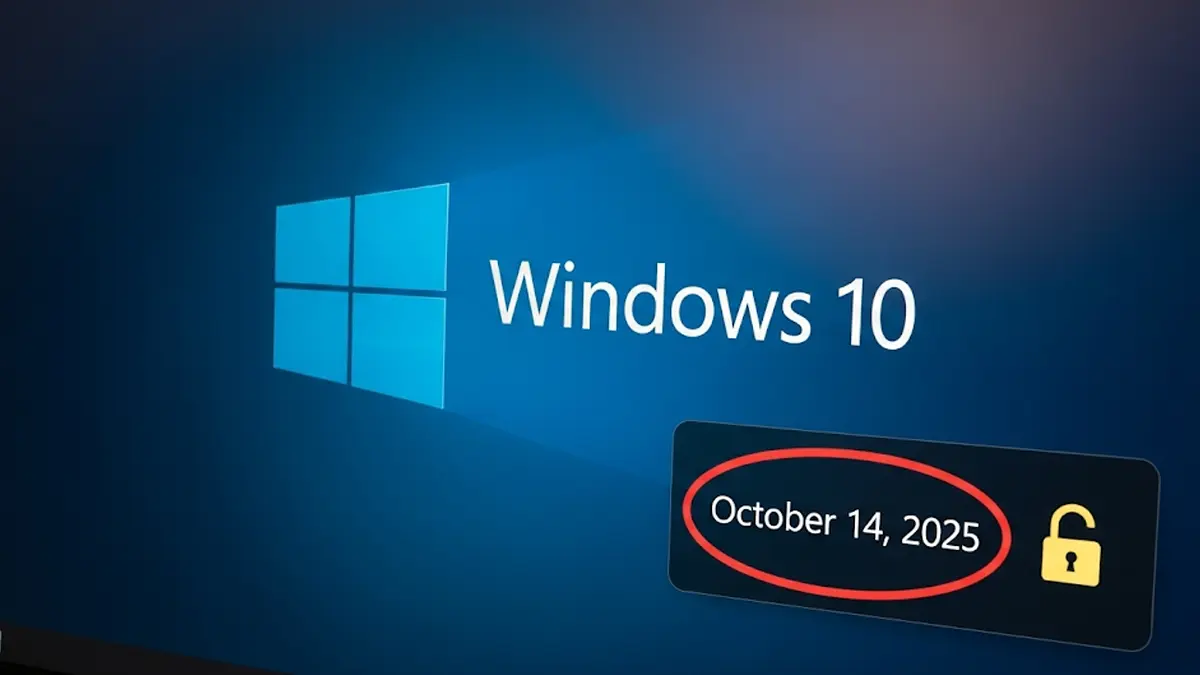 Una schermata del desktop di Windows 10 con un icona di un calendario che segna la data del 14 ottobre 2025 e un simbolo di avviso