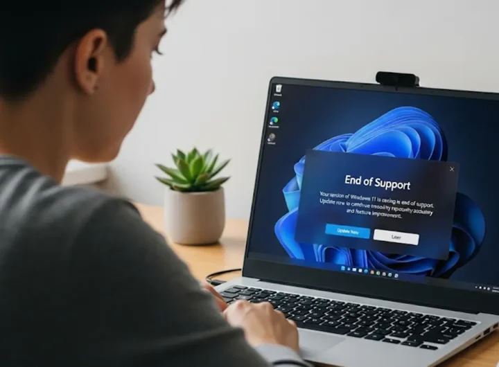 Una schermata del desktop di Windows 11 con un icona di avviso che segnala la necessità di un aggiornamento di sistema per motivi di sicurezza