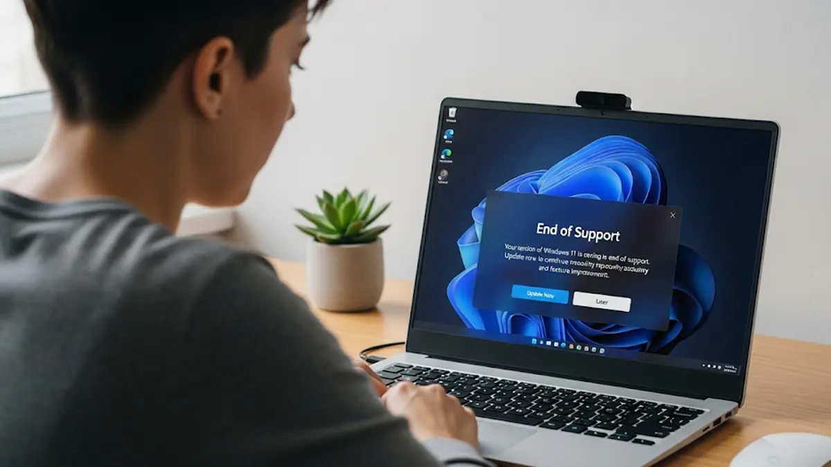 Una schermata del desktop di Windows 11 con un icona di avviso che segnala la necessità di un aggiornamento di sistema per motivi di sicurezza