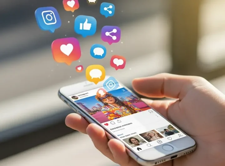 immagine vivace che mostra un utente intento a scorrere il feed di Instagram su uno smartphone