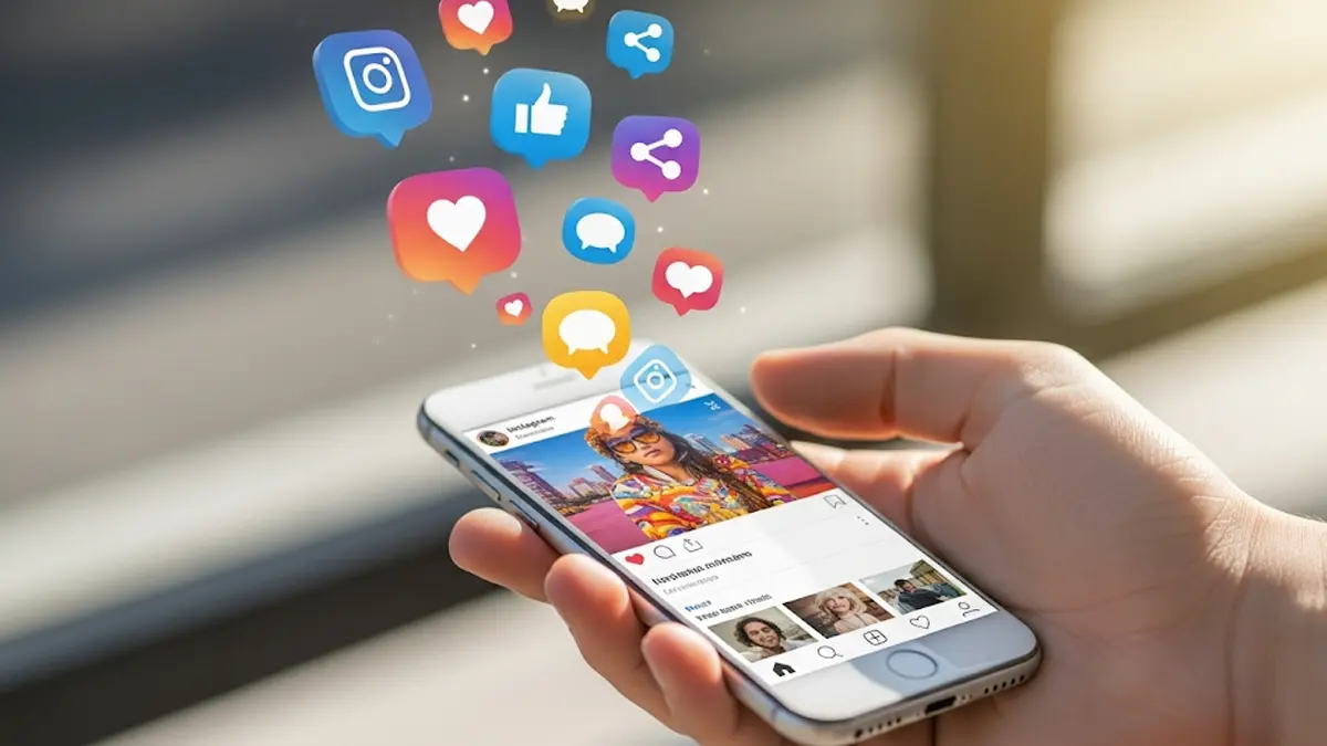 immagine vivace che mostra un utente intento a scorrere il feed di Instagram su uno smartphone