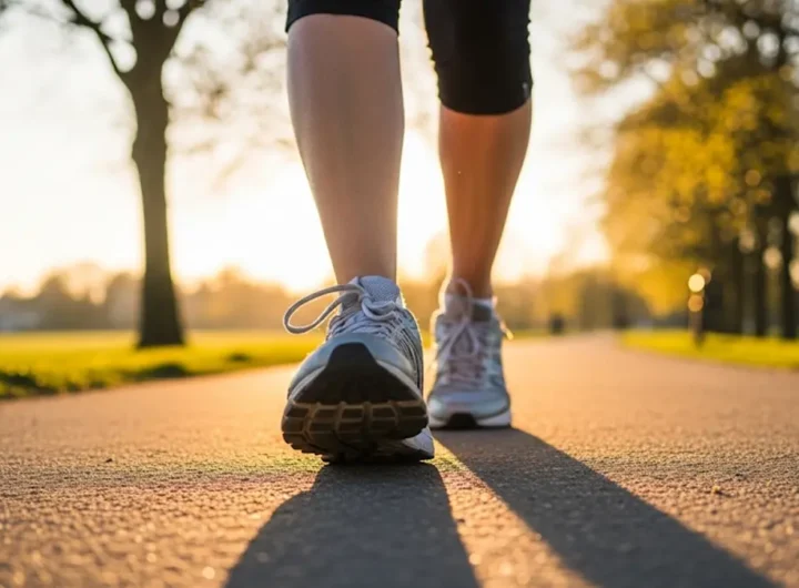 la parte inferiore delle gambe di una donna di mezza età che cammina con passo sicuro su un sentiero in un parco