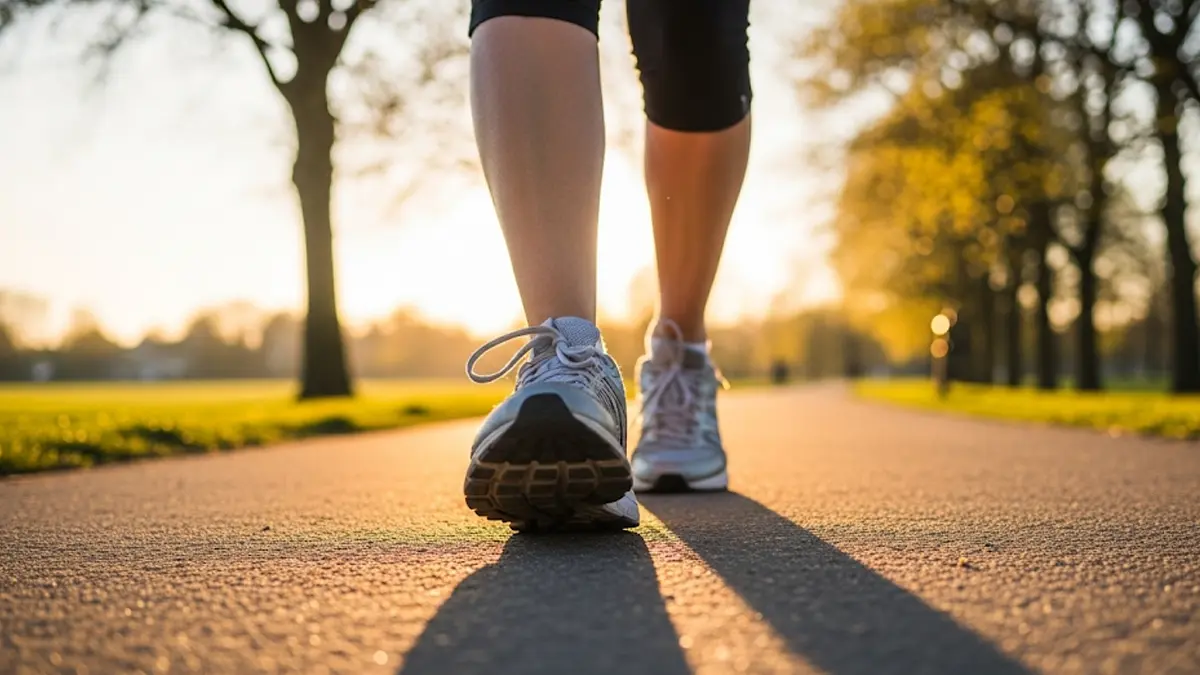 la parte inferiore delle gambe di una donna di mezza età che cammina con passo sicuro su un sentiero in un parco