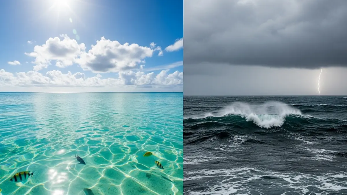 metà immagine con un mare calmo e cristallino sotto un cielo sereno e altra metà con un mare scuro e in tempesta
