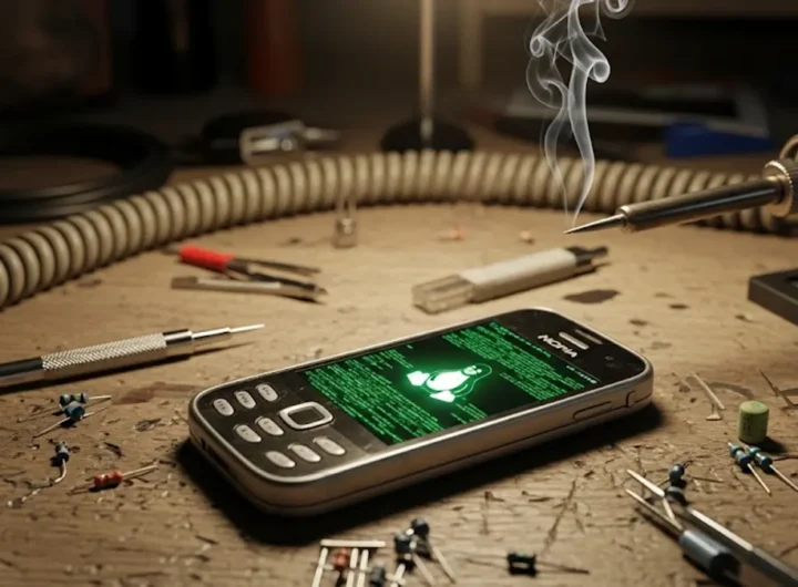 un vecchio smartphone appoggiato su un banco da lavoro