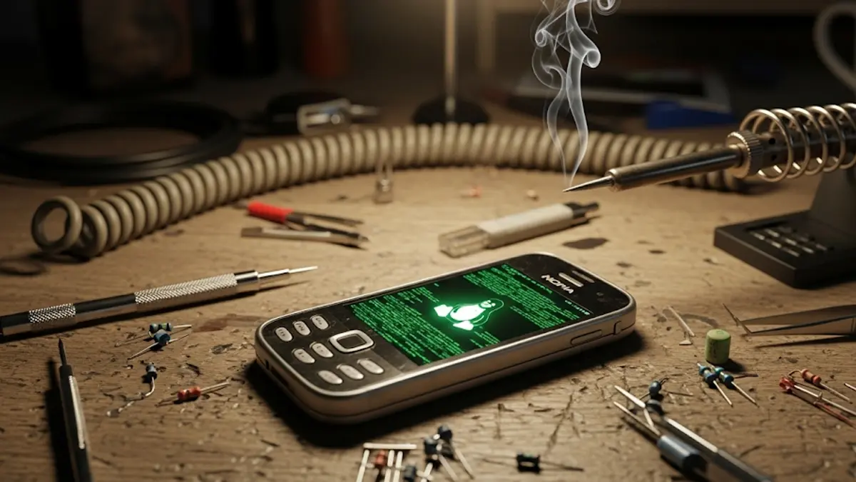 un vecchio smartphone appoggiato su un banco da lavoro