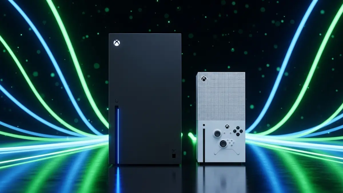 una console Xbox Series X e una Series S sono posizionate fianco a fianco su una superficie riflettente