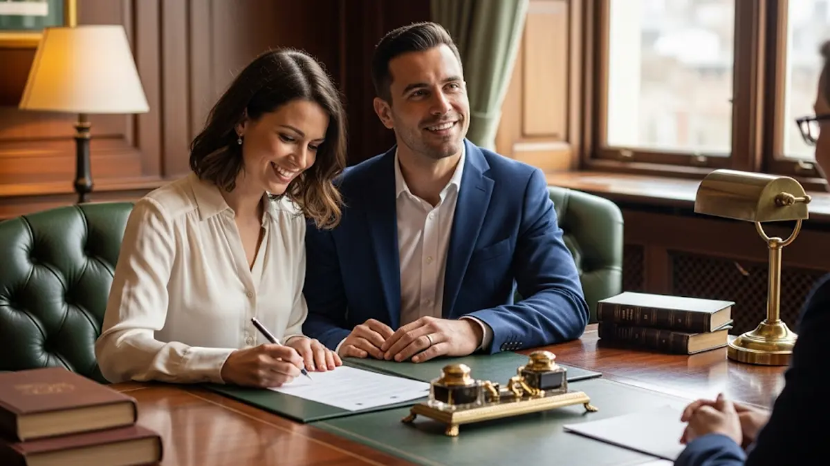 una coppia sorridente e serena mentre firma un documento in uno studio