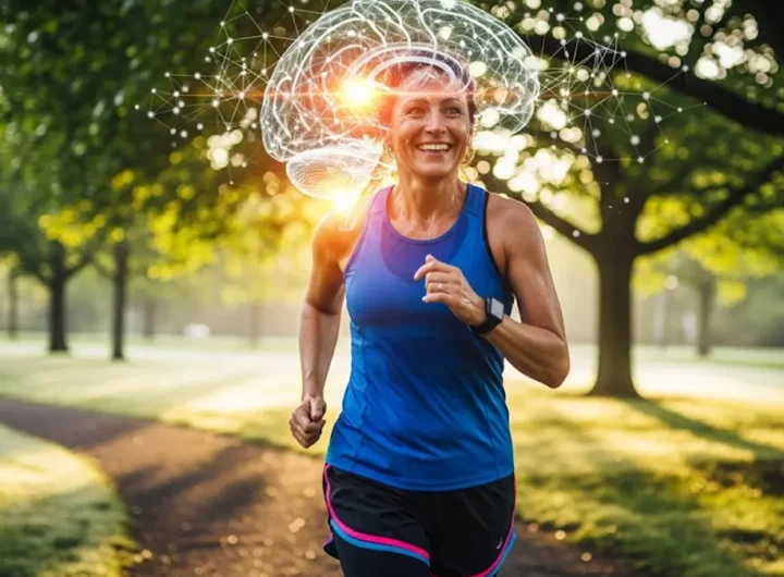 una persona di mezza età energica e sorridente mentre fa jogging in un parco