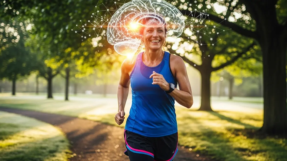 una persona di mezza età energica e sorridente mentre fa jogging in un parco