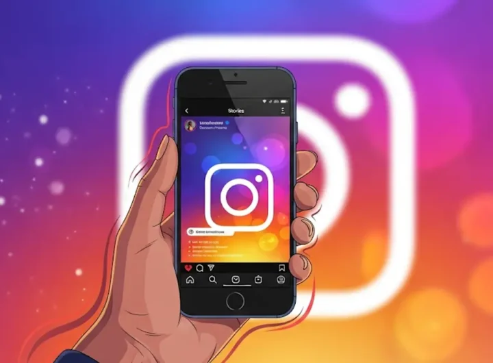 una persona mentre tiene in mano uno smartphone con interfaccia delle storie di Instagram in primo piano