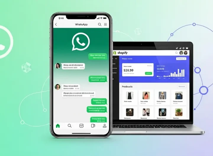 uno smartphone con interfaccia di una chat WhatsApp affiancato a un laptop con una dashboard di Shopify