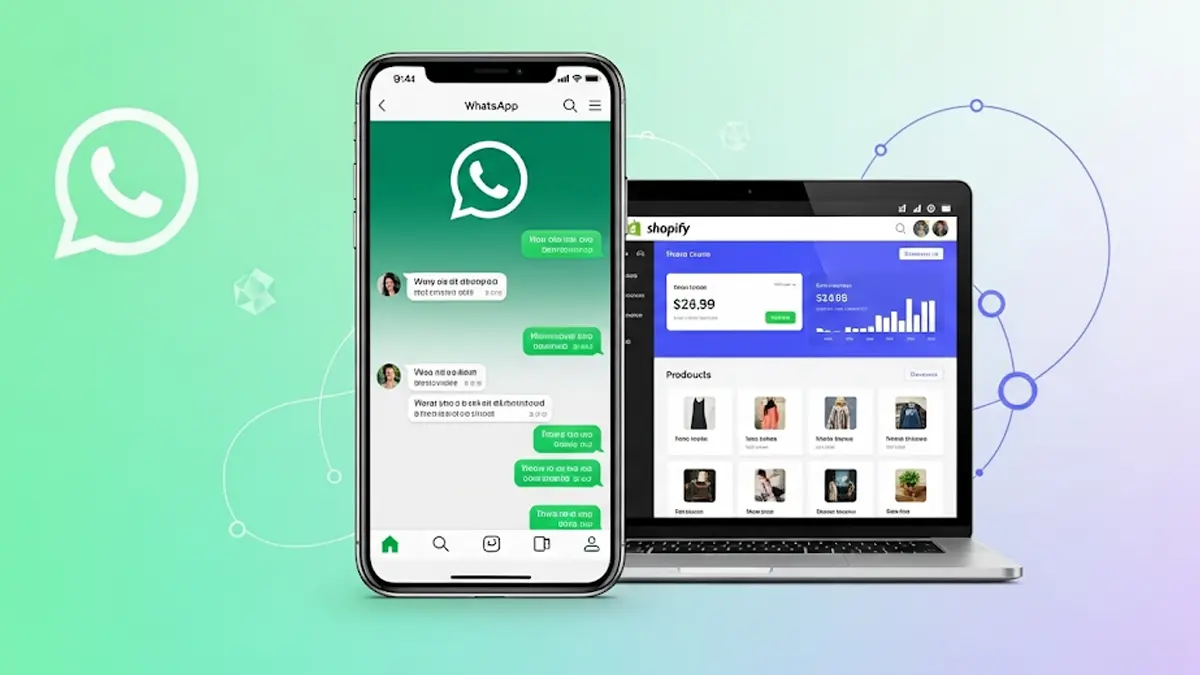 uno smartphone con interfaccia di una chat WhatsApp affiancato a un laptop con una dashboard di Shopify