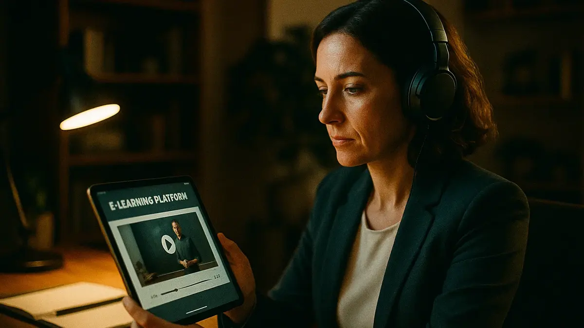 Dipendente che guarda un video formativo aziendale su un tablet