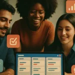 Diverse persone collaborano utilizzando app gratuite per organizzare il lavoro