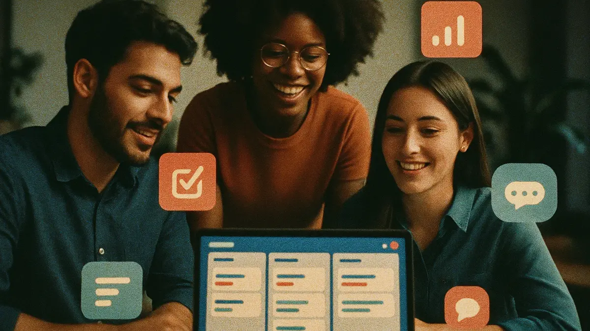 Diverse persone collaborano utilizzando app gratuite per organizzare il lavoro
