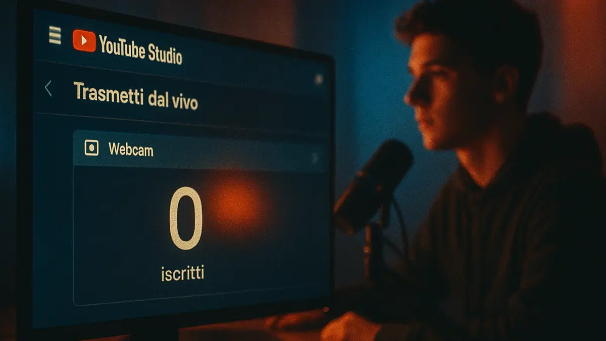 Icona YouTube Live su schermo di PC con zero iscritti