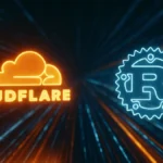Illustrazione moderna che mostra il logo di Cloudflare affiancato al logo del linguaggio di programmazione Rust