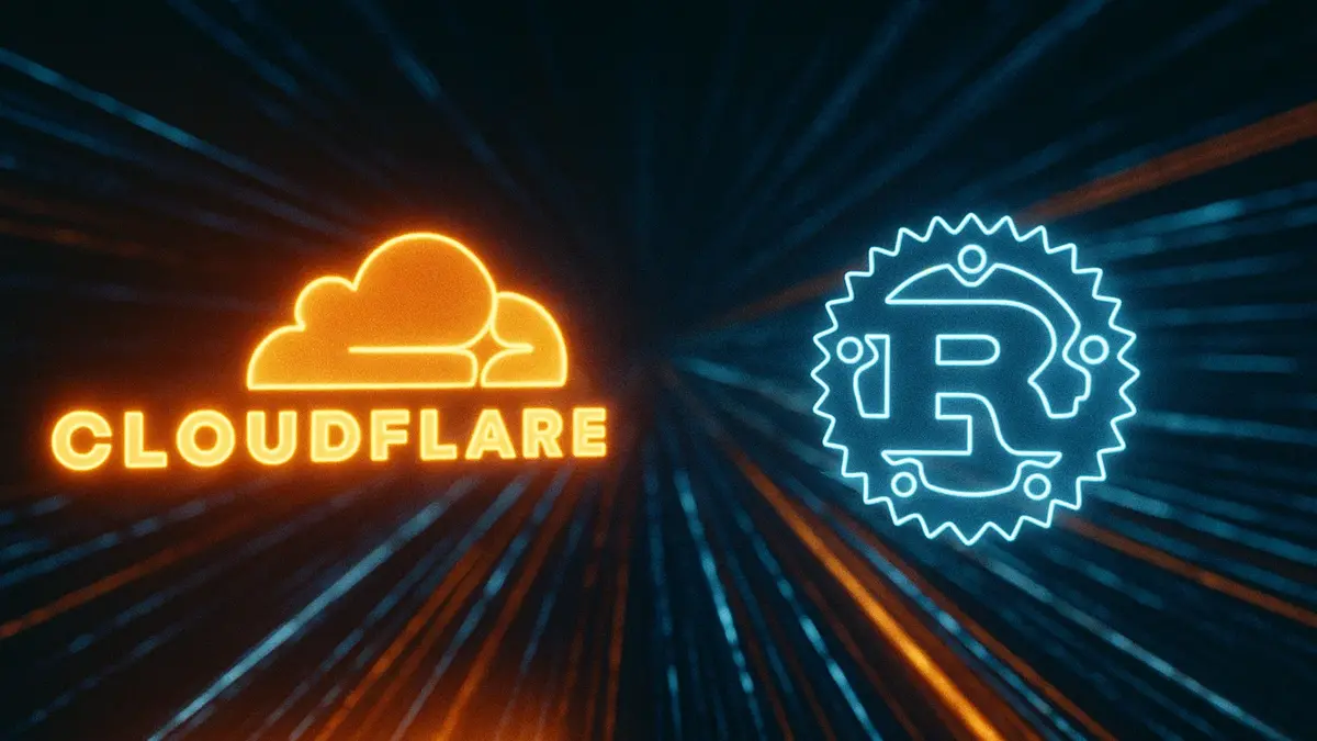 Illustrazione moderna che mostra il logo di Cloudflare affiancato al logo del linguaggio di programmazione Rust