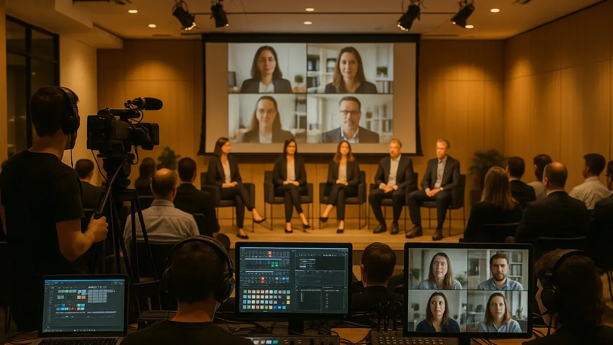 Regia tecnica durante la trasmissione in diretta di un evento aziendale ibrido