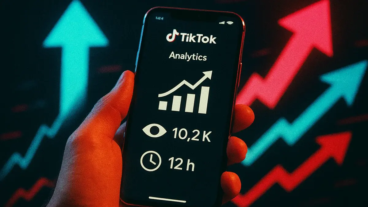 Statistiche e analytics di un video TikTok mostrate su uno smartphone con grafici di visualizzazione e fonti di traffico