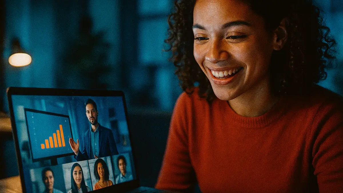 Un formatore che conduce un workshop online interattivo su un laptop