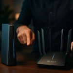Una persona sceglie tra un modem e un router di ultima generazione su una scrivania moderna