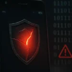 Uno smartphone Android mostra una notifica di allarme sicurezza con un simbolo di scudo rotto