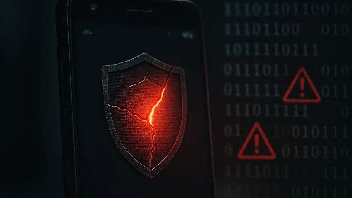 Uno smartphone Android mostra una notifica di allarme sicurezza con un simbolo di scudo rotto