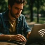 una persona in un ambiente informale e accogliente mentre lavora su un laptop