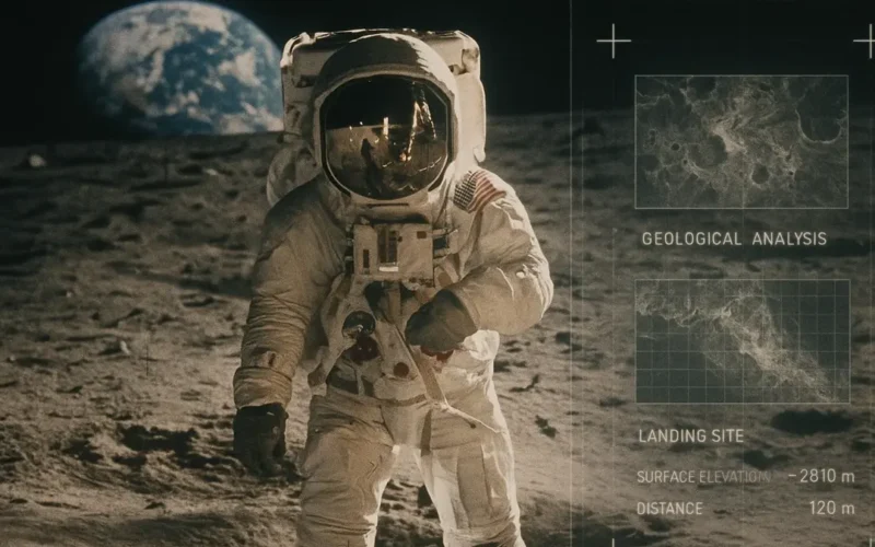Astronauta Apollo 11 sulla Luna accanto a un interfaccia digitale