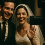 Coppia di sposi sorridenti che fanno un gesto di saluto