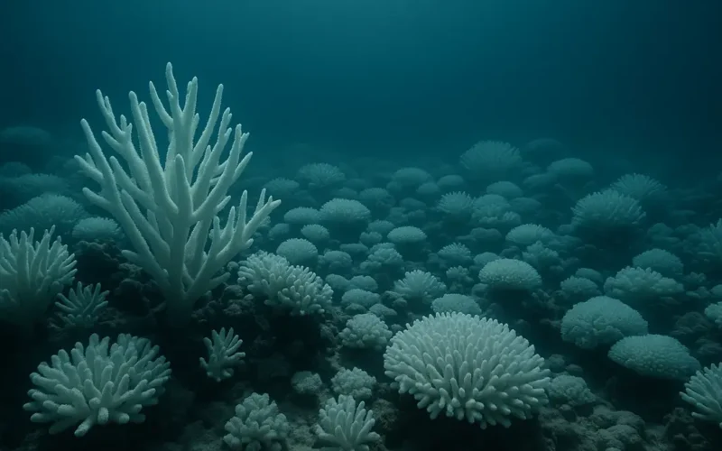 Coralli sbiancati e morenti in una barriera corallina tropicale