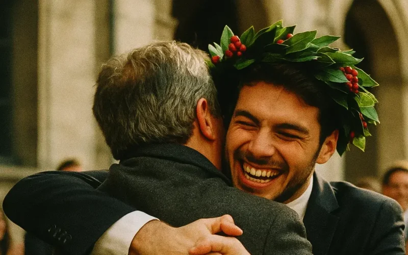 Corona alloro rosso laurea abbraccio congratulazioni