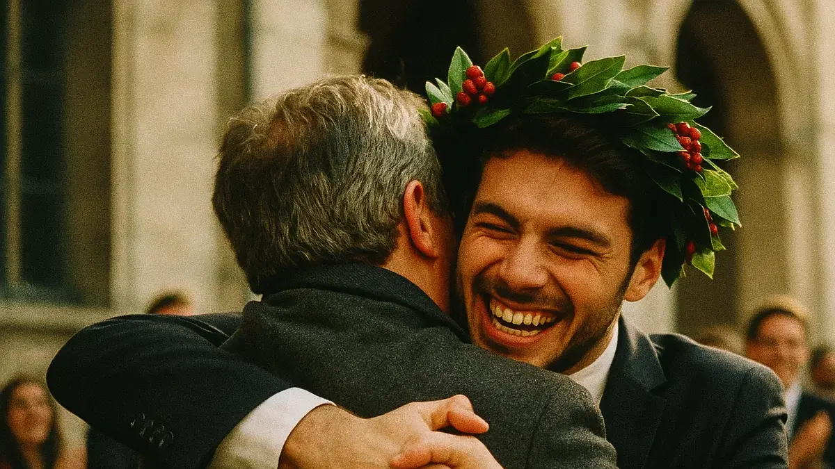 Corona alloro rosso laurea abbraccio congratulazioni