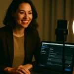 Donna sorridente che tiene uno smartphone su un cavalletto
