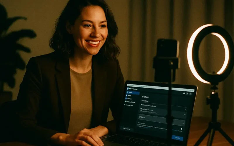 Donna sorridente che tiene uno smartphone su un cavalletto