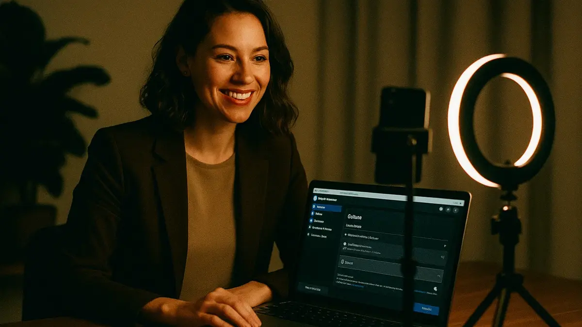 Donna sorridente che tiene uno smartphone su un cavalletto