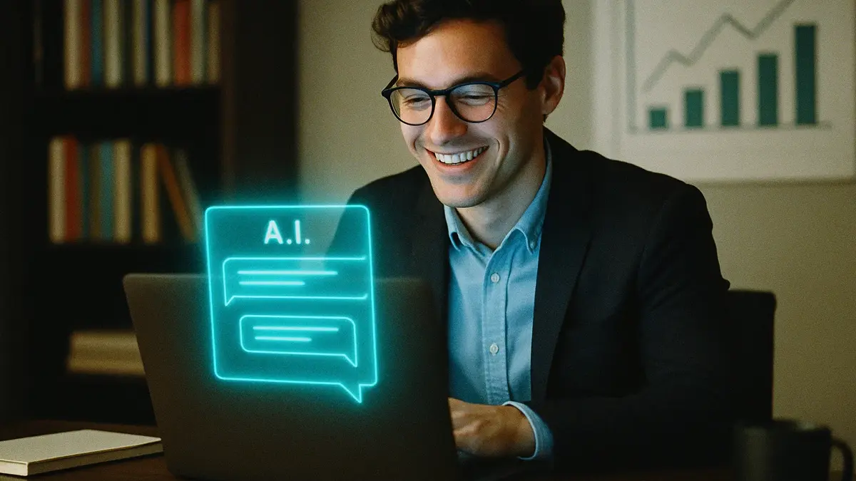 Giovane professionista usa ChatGPT su laptop per aumentare la produttività