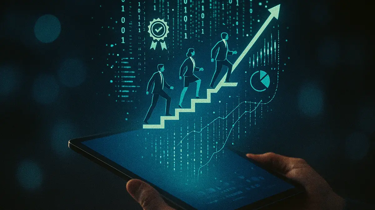 Grafica 3D di una piattaforma streaming per il reskilling aziendale su tablet