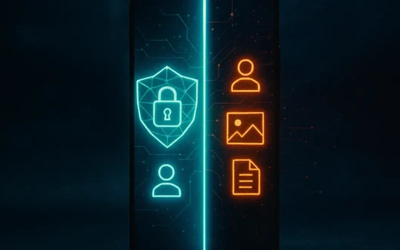 Icone di sicurezza e privacy su schermo di smartphone Android 14