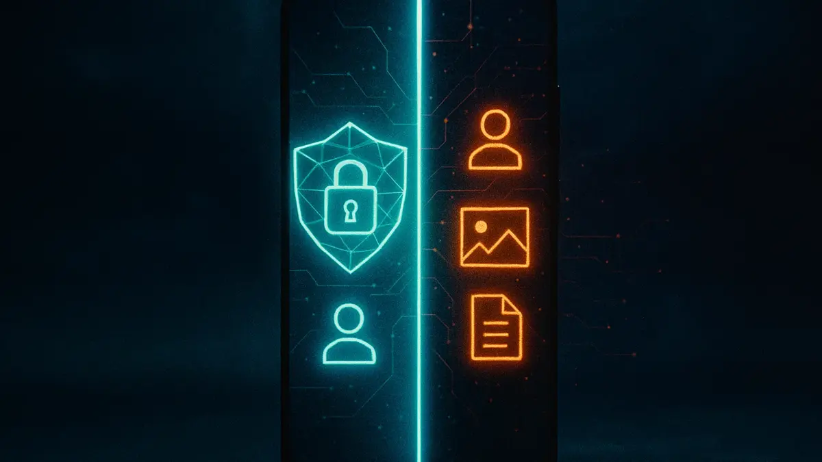 Icone di sicurezza e privacy su schermo di smartphone Android 14